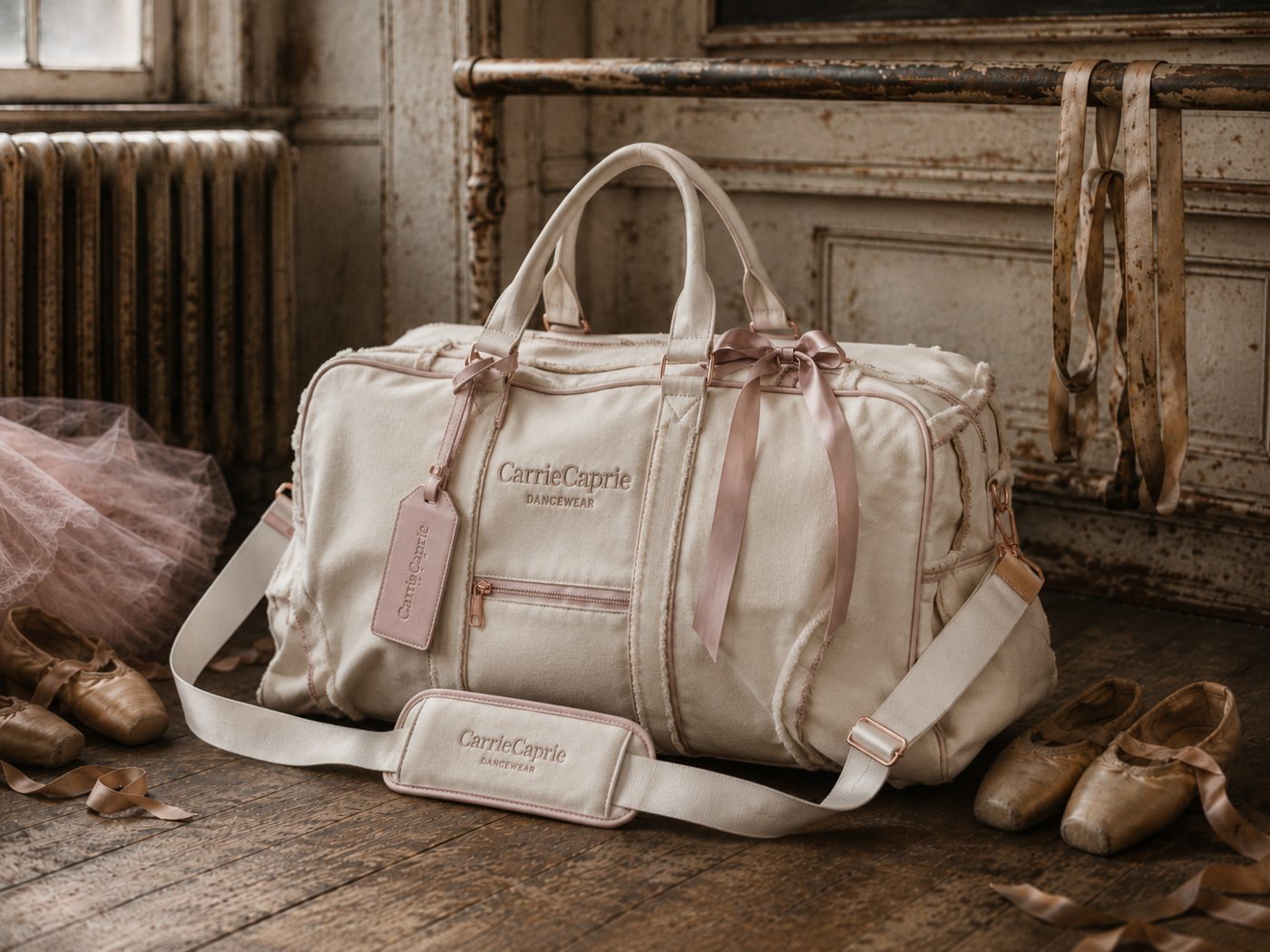CarrieCaprie distressed cream canvas duffle with pink bow detail