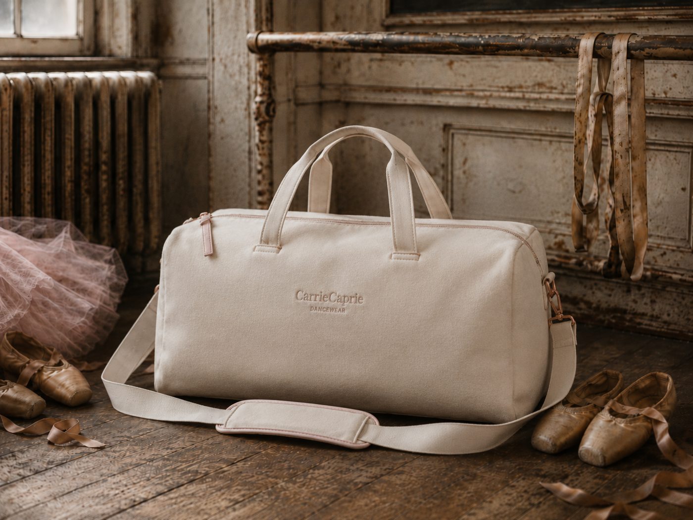CarrieCaprie cream canvas dance duffle embossed CarrieCaprie Dancewear