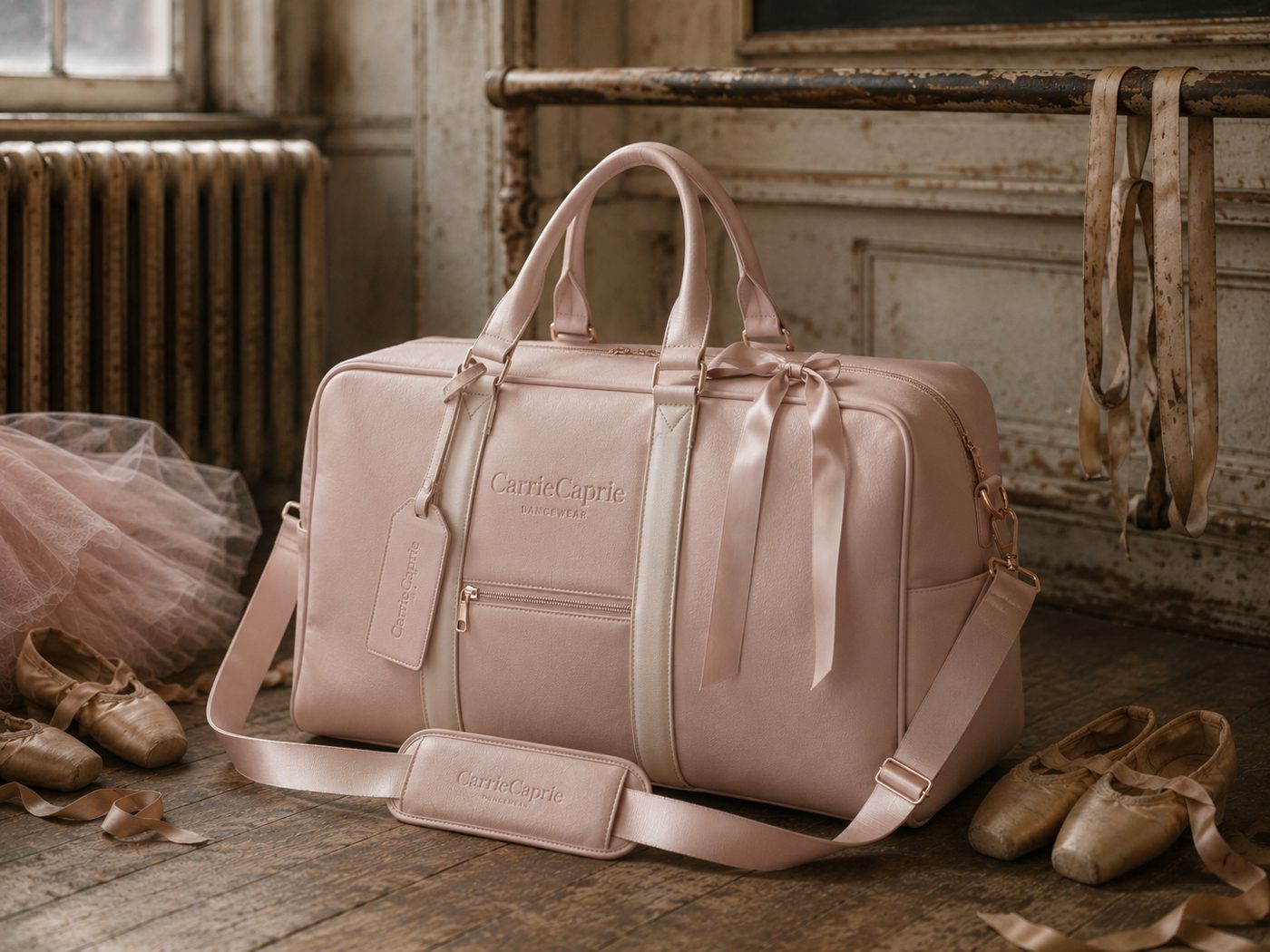 CarrieCaprie blush-pink leather dance duffle with satin bow and luggage tag