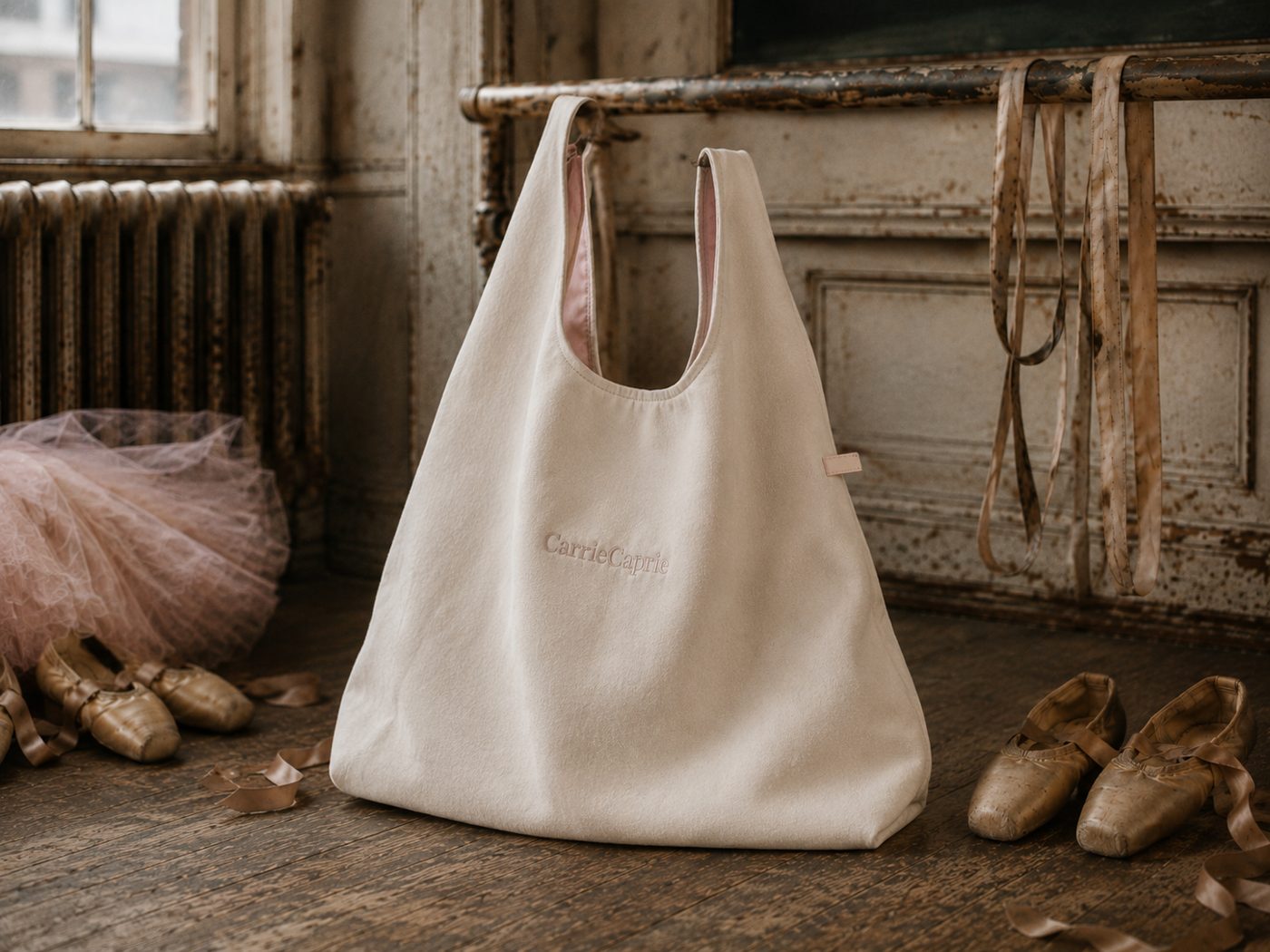 CarrieCaprie cream fabric pouch tote in the dance studio